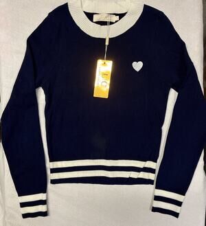 Lizette Collection Kids Navy Blue White Heart Knit Sweater Size L NWT